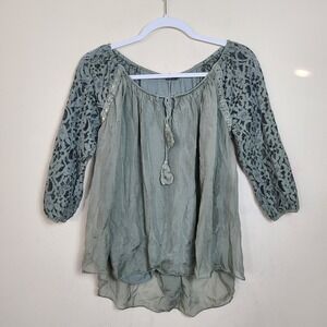 LOLA Silk Jade Green Lace Womens M Top Sequin‎ Earth Fairy Grunge Ethereal